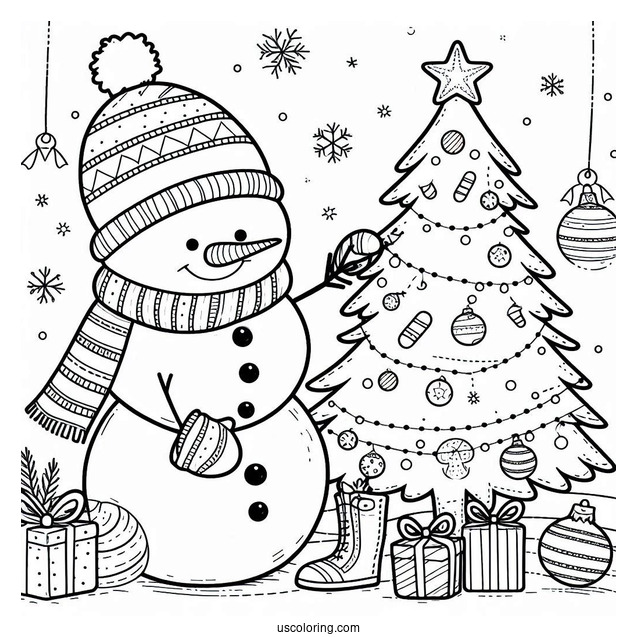 Coloring Page a Snowman Decorating a Christmas Tree