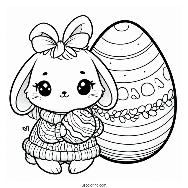 Pretty Bunny In Sweater Holding A Large Easter Coloring Page Of Egg
