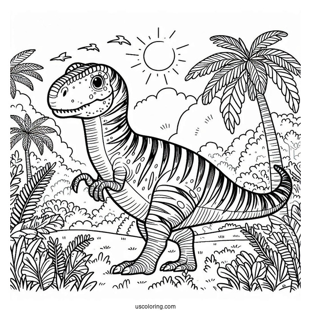 Dinosaur Coloring Page Of Striped Tarbosaurus In Nature