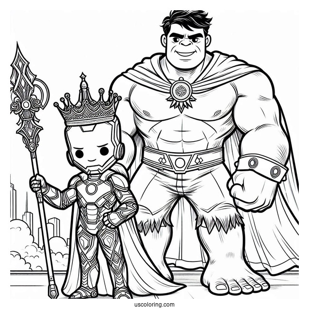 Iron Man Standing Beside Hulk Coloring Page In The City