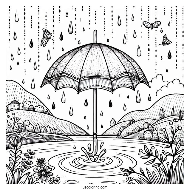 Rain Coloring Page Falling On Umbrella