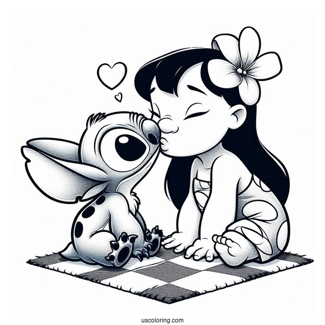 Lilo Kissing Stitch On The Check Coloring Page