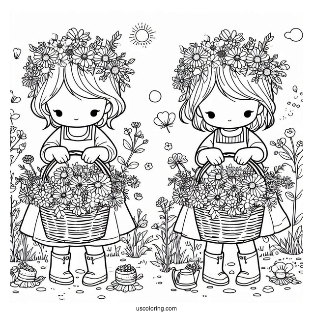 Two Little Girls Harvesting Flowers In Spring Coloring Page For Kids