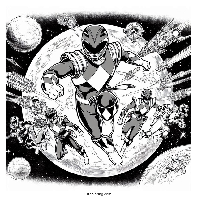 Power Rangers Fighting In Outer Space Coloring Sheet