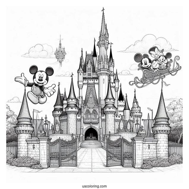 Realistic Disney World Castle Coloring Page With Walt Disney And Mickey Mouse