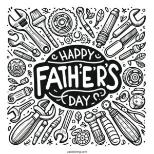 Happy Father's Day Coloring Page Of Words Surrounded By Tools