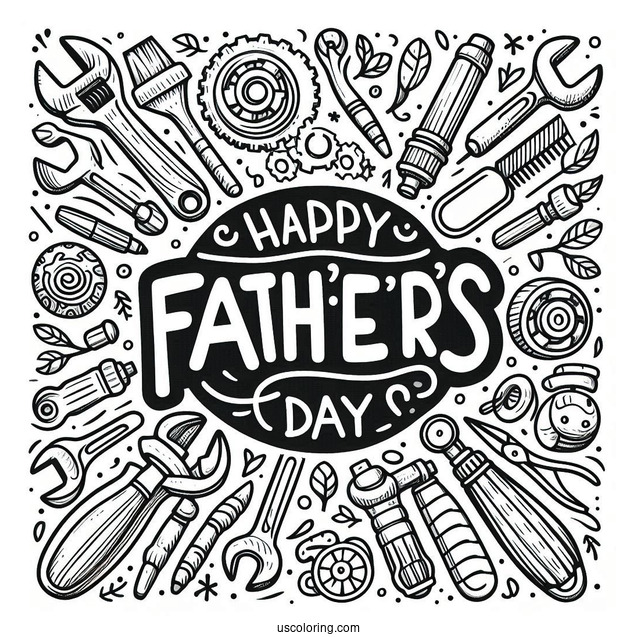 Happy Father's Day Coloring Page Of Words Surrounded By Tools