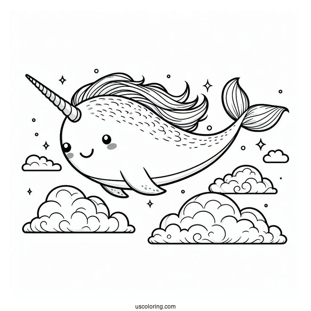 Narwhal Coloring Page With Pretty Mane In The Clouds For Kids