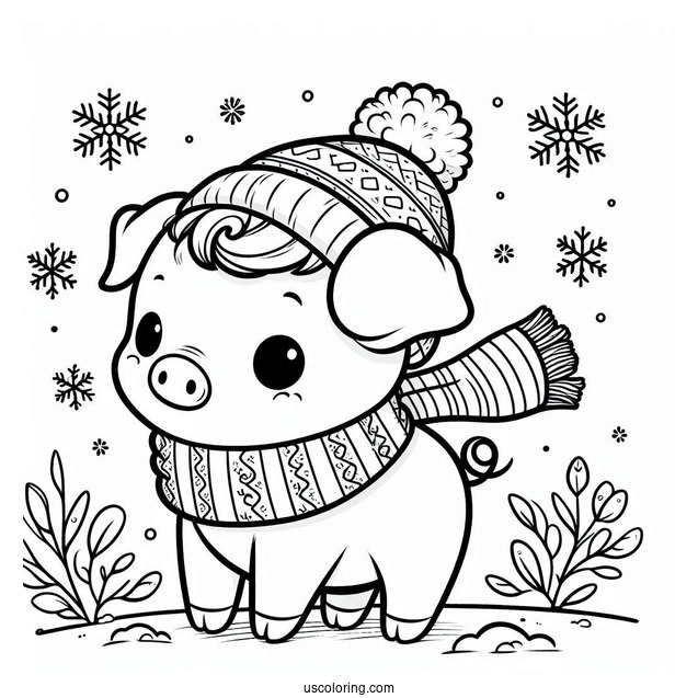 Piglet Coloring Page Wearing A Scarf in Winter