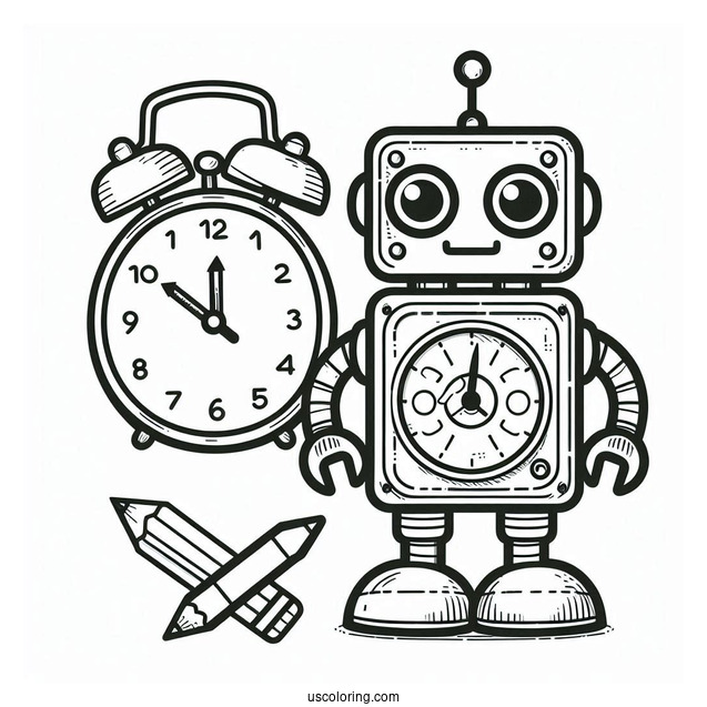 Coloring Page Of a Robot Themed Clock