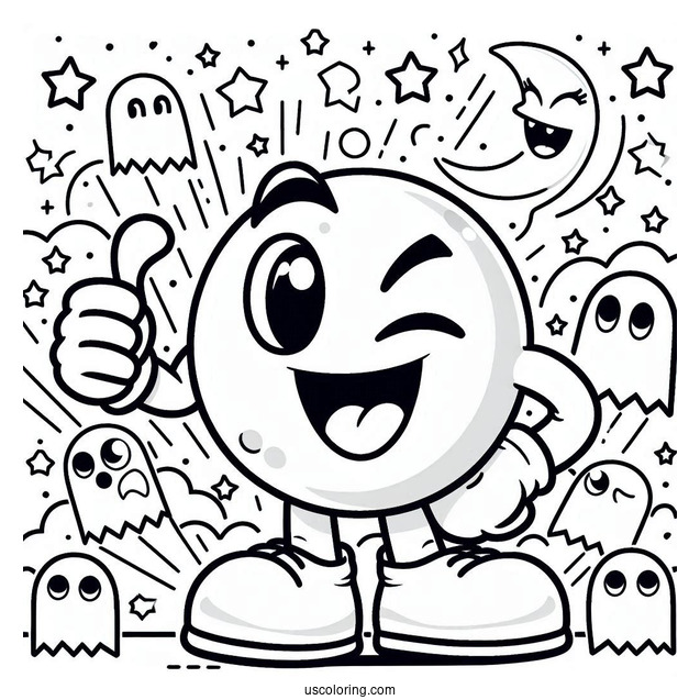 Victorious Pac-Man Coloring Page Winking With Ghosts In Background
