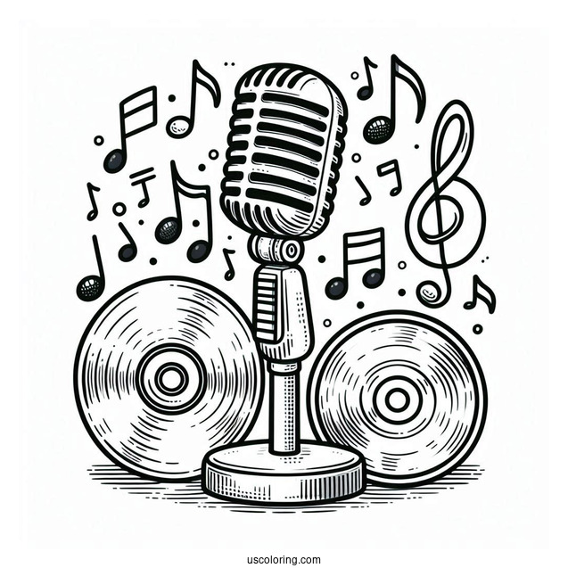 Music Coloring Page Of Retro Microphone, CD, And Musical Note For Preschoolers
