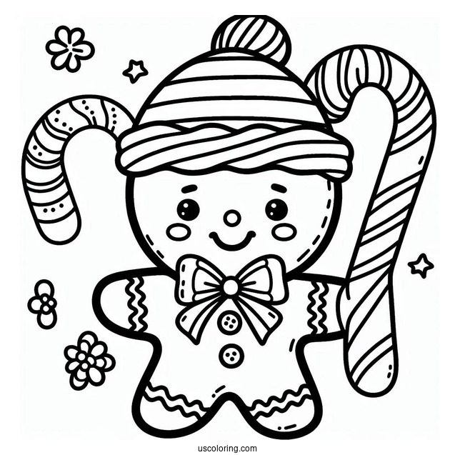 Gingerbread Man With Candy Cane Coloring Page For Preschoolers