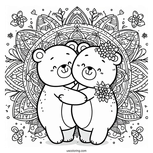 Two Cartoon Bear Coloring Page Hugging In Front Of Mandala