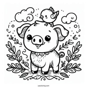 Cute Cartoon Pig With Bird