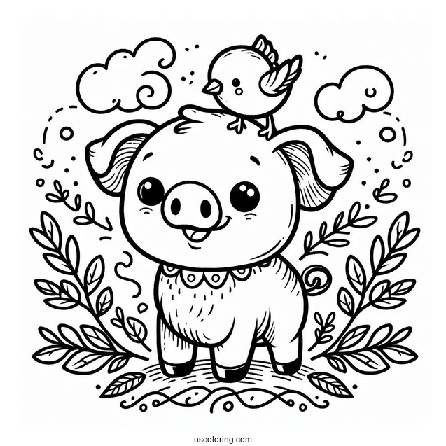 Cute Cartoon Pig With Bird