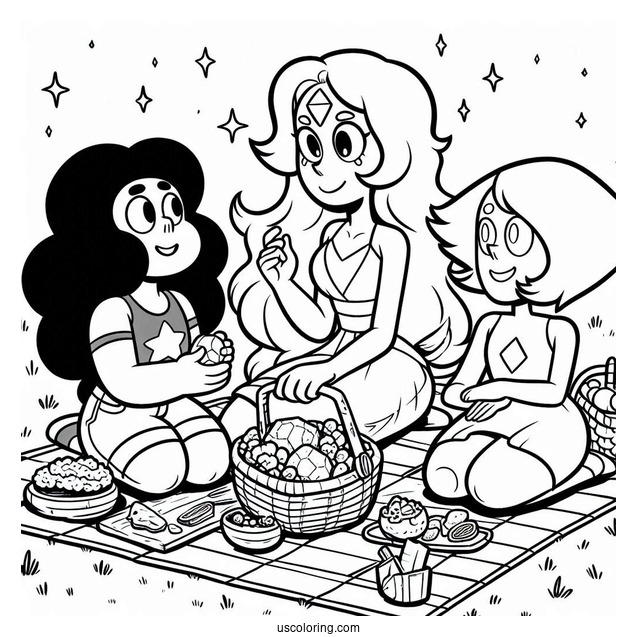 Detailed Steven Universe Coloring Page With Connie, Sardonyx, And Amethyst Having Picnic