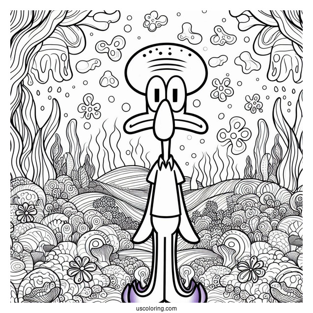 Squidward Coloring Page With Arms On Waist In Front Of Jelly Fields