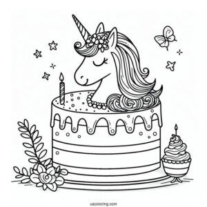 Unicorn Birthday Cake Coloring In For Kids