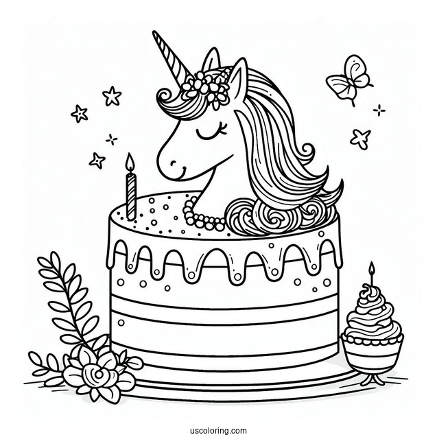 Unicorn Birthday Cake Coloring In For Kids