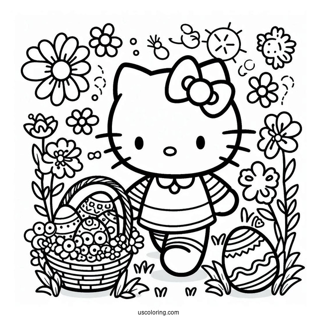 Easter Coloring Page Of Easy Hello Kitty Walking With Basket Of Easter Eggs