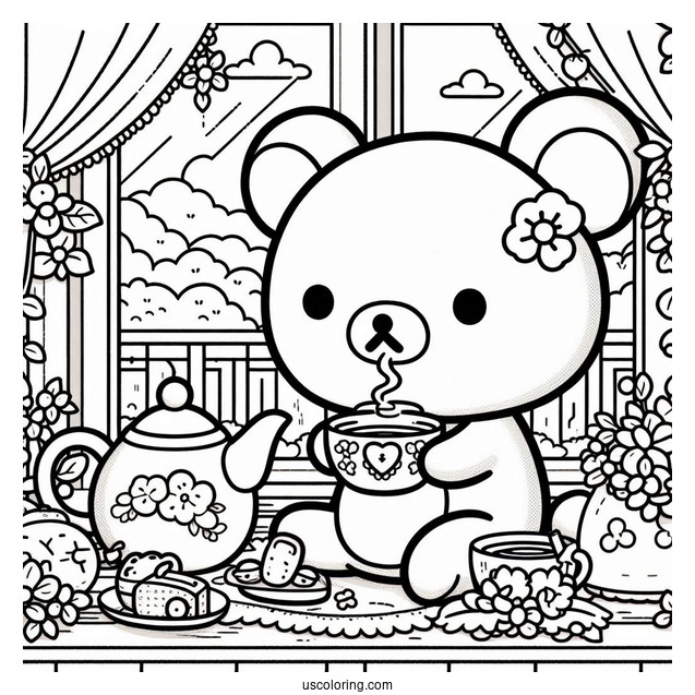 Rilakkuma Coloring Page Having Tea With Kiiroitori In The Balcony
