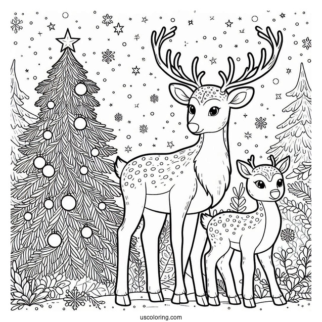 Adult Reindeer Next To Christmas Tree