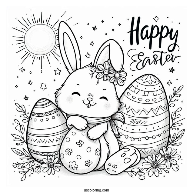 Happy Easter Greeting With Easter Bunny Coloring Page And Eggs