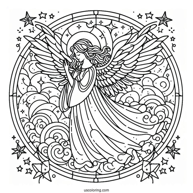 Beautiful Angel In The Sky Stained Glass Coloring Page