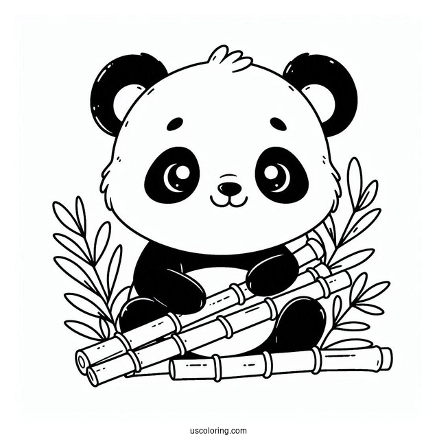 Cute Outline Of Panda With Bamboo