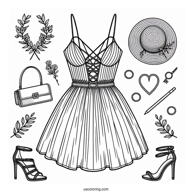 Strappy Plunging Dress Coloring Page With Large Skirt