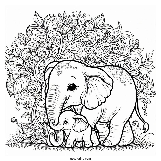 New Born Elephant With Mom Coloring Page