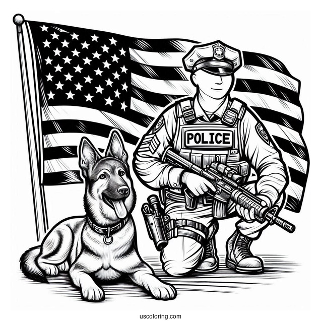 Police K-9 Unit With American Flag To Color