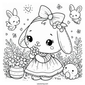Simple Easter Coloring Page Of Bunny In A Dress Sniffing A Flower For Preschoolers