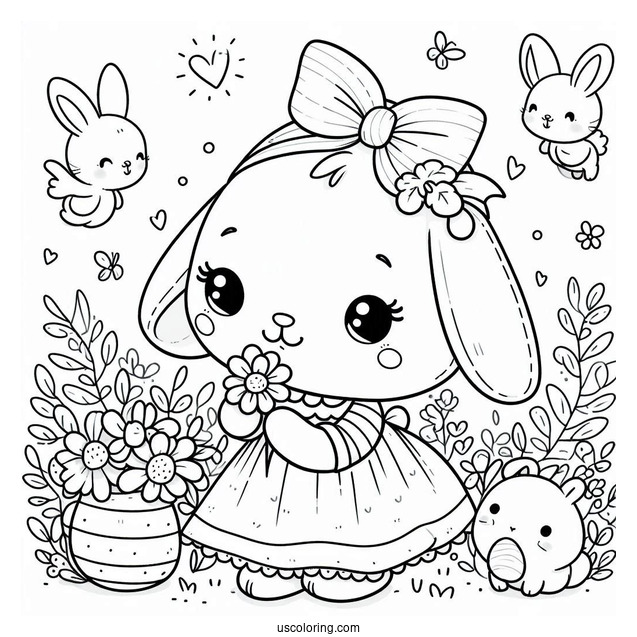 Simple Easter Coloring Page Of Bunny In A Dress Sniffing A Flower For Preschoolers