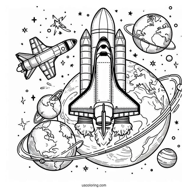 Easy Coloring Page Of NASA Space Shuttle Around Earth