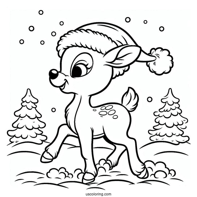 Rudolph Coloring Page Wearing A Santa Hat While Walking In The Snow