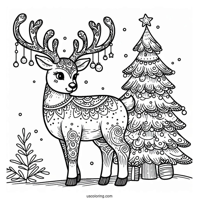 Adult Reindeer Next To Christmas Tree
