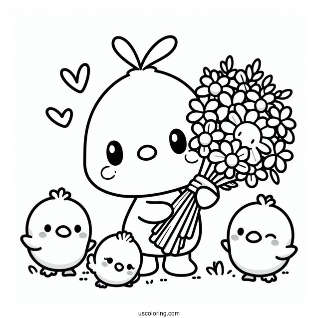 Easy Pochacco Coloring Page Holding Flower Bouquet With Choppy And Chicks