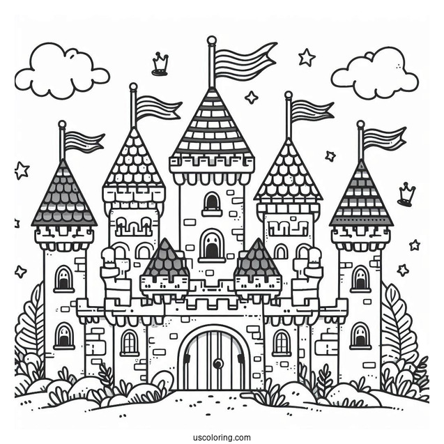Easy Castle Coloring Page With Flags For Preschoolers