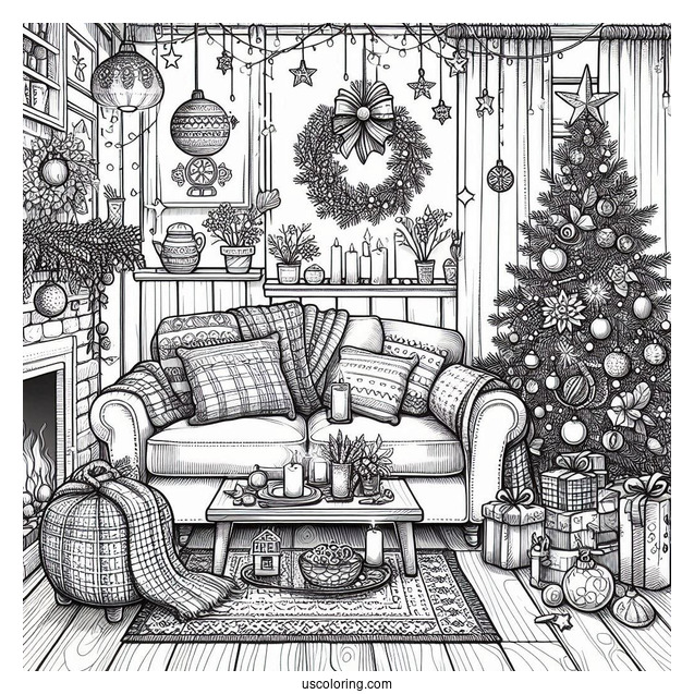 Christmas Coloring Pages For Adults Of Detailed Cozy Christmas Living Room