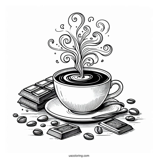 Steaming Coffee Coloring Pages Of Art With Pieces Of Chocolate
