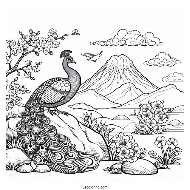 Peacock Coloring Page on Rock with Blossoms and Mountain Landscape
