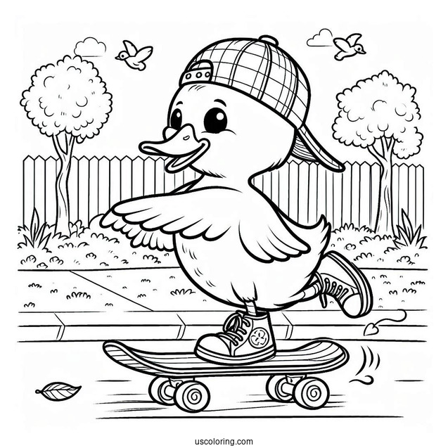 Duck Skateboarding Down the Street Coloring Page For Kids