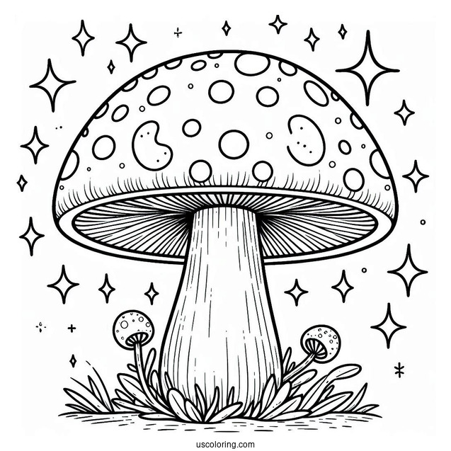 Mushroom Coloring Page With Spotted Cap And Sparkly Background