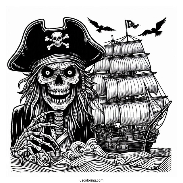 Scary Pirate In Front Of A Sailing Pirate Ship Coloring Page