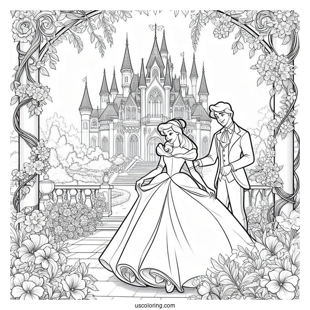 Belle And Cinderella In The Castle Garden Coloring Page