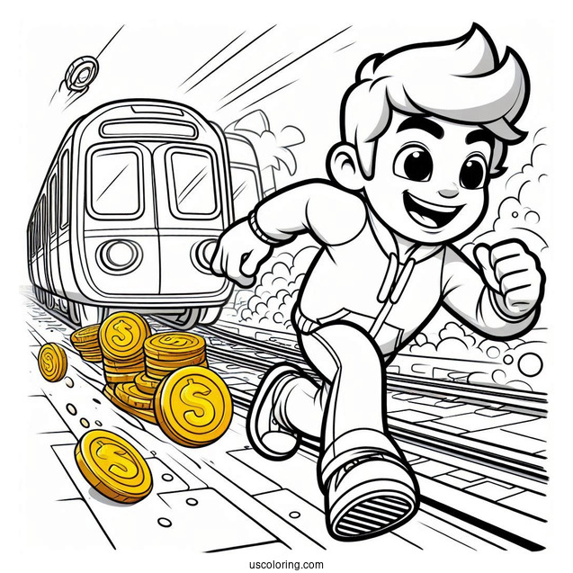 Subway Surfers Coloring Page Jake Chasing Gold Coins Behind A Subway