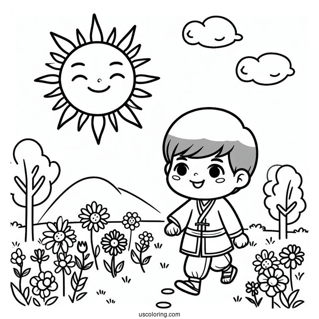 Cheerful Summer Coloring Page Of Sun Walking For Kids