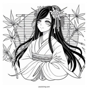 Detailed Nezuko Coloring Page With Bamboo